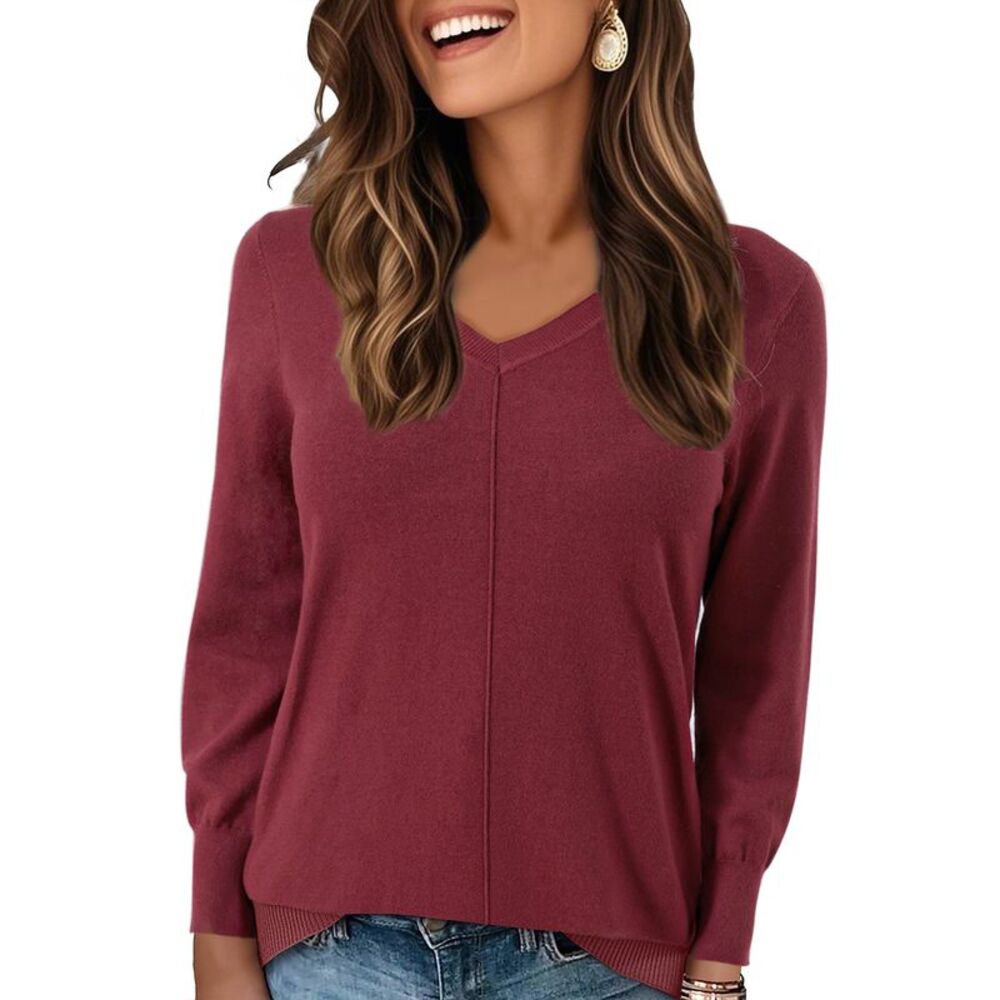 Women Oversized Chunky V Neck Long Sleeve Knit Pullover Sweater Wine Red